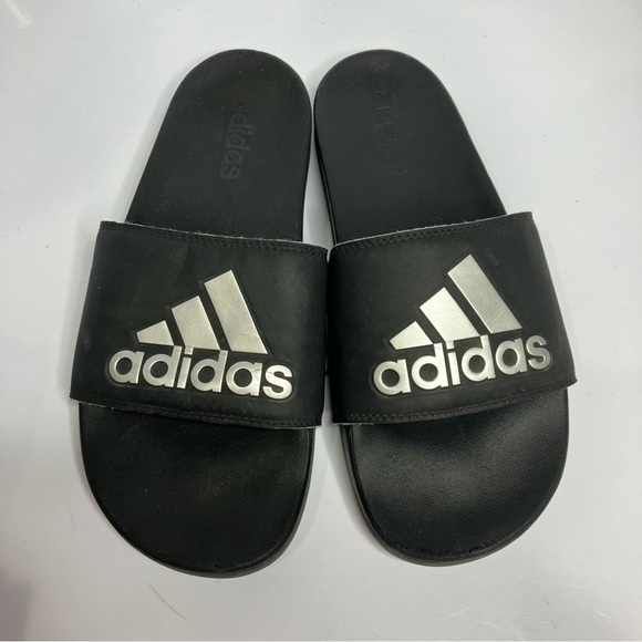Adidas black &โ silver Adilette slides size 9 - Picture 1 of 7